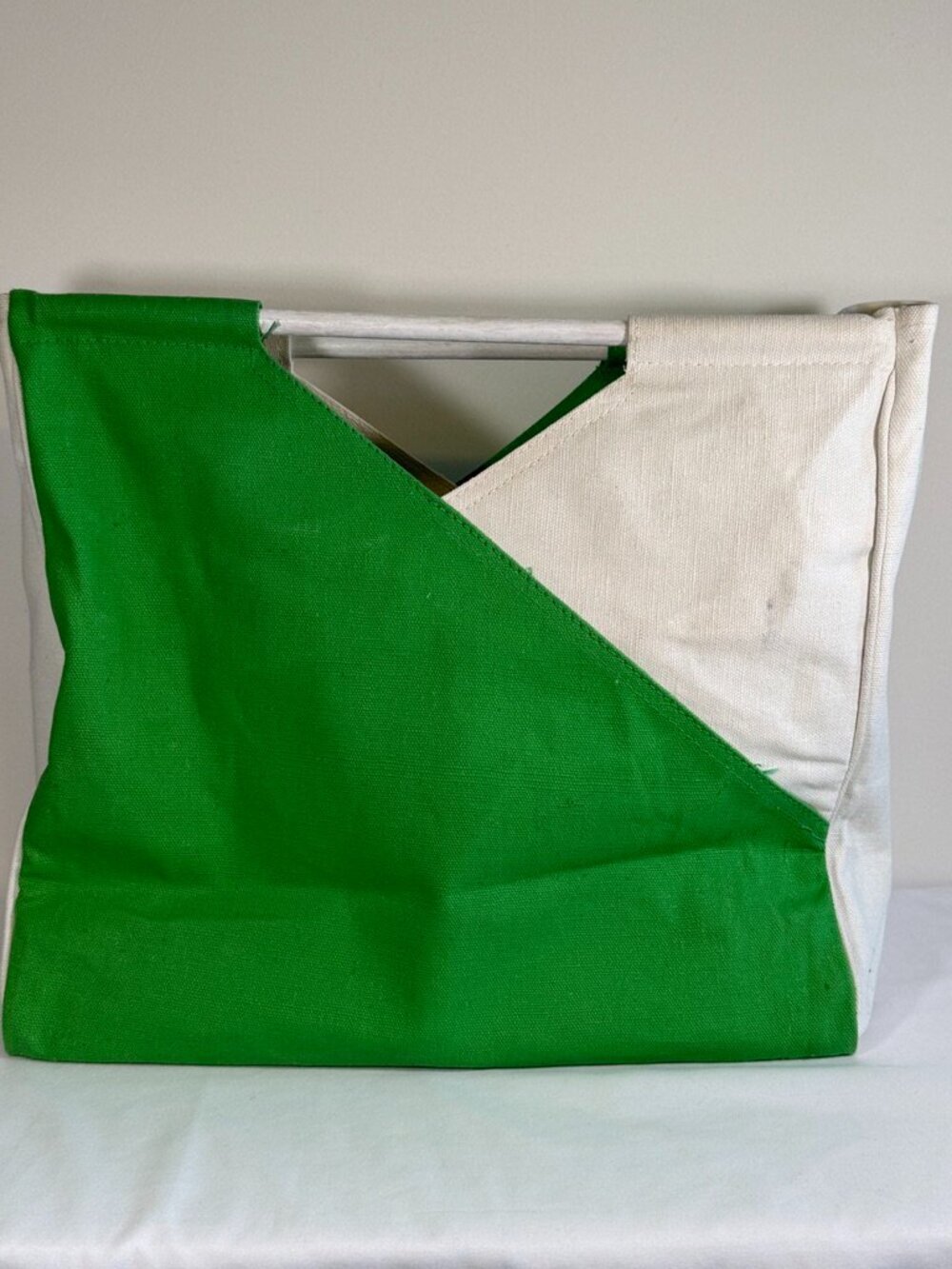 80s Wooden Handle Colorblock Canvas Tote Green White Bag Vintage - Picture 3 of 12